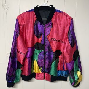Vtg PICASSO Art AOP Satin Bomber Jacket Full Zip Rainbow Collection Women L EUC